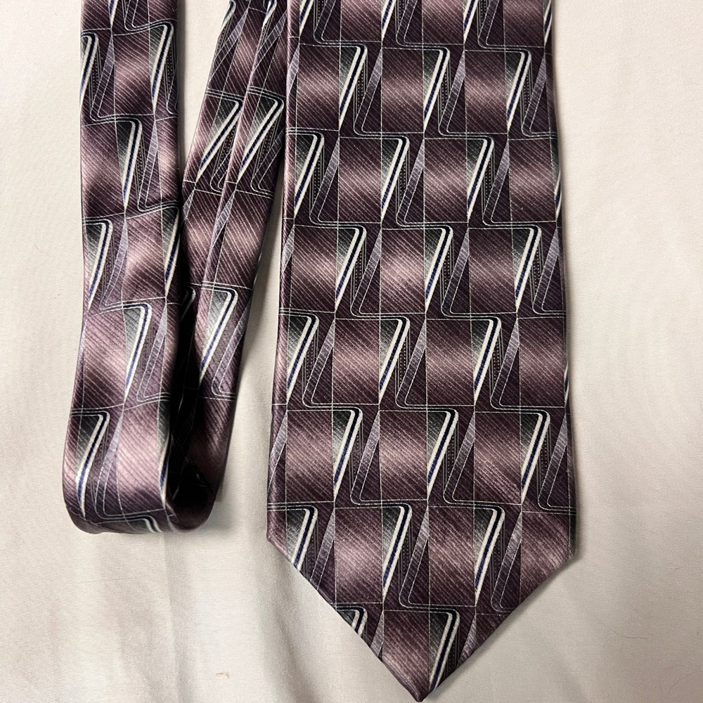 Murano Mens Silk Necktie Purple Grey Geometric Pattern Woven USA Made WPL 2231